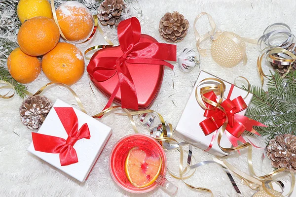 Fondo Navidad Año Nuevo Con Cajas Regalo Grog Mandarinas Vista — Foto de Stock