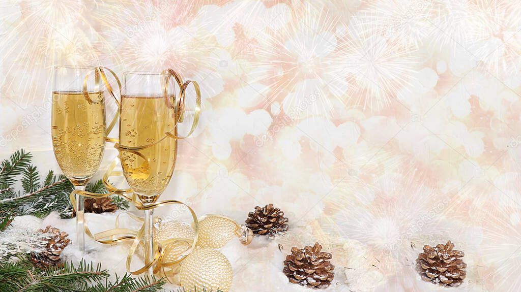 Christmas or New Year background with champagne on the background of Christmas decorations and bright bokeh, selective focus, place for text, banner, New Year card. Preparation for a happy congratulation, festive atmosphere