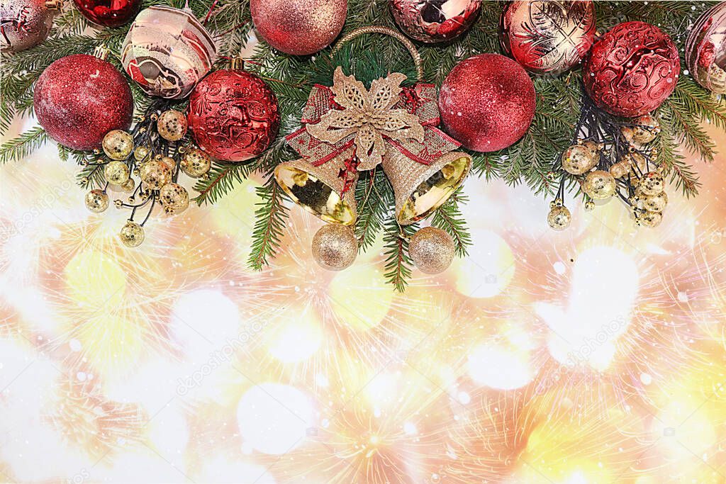 Christmas and New Year background with bokeh lights, for branches with decorations in snow flakes, place for text. New Year card for congratulations, selective focus, banner for display