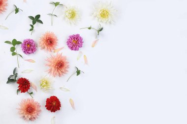 Sonbahar çiçek aranjmanı, düz bir zemin, minimum tatil konsepti, şükran günü. Anneler günü kartı, mutlu yıllar, düğün, mesaj atılacak yer, seçici odak