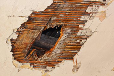 Mantar saldırı, sıva ve su sızıntı nedeniyle ahşap yapı çürümeyle sonra tavan delik