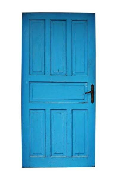 被隔绝的老蓝色被绘的木门在白色背景 — 图库照片