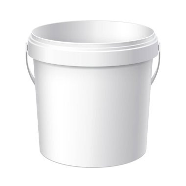 Küçük beyaz plastik kova. Ürün Ambalaj gıda, gıda veya boyalar, yapıştırıcılar, macunlar, astar, macun. Vektör çizim