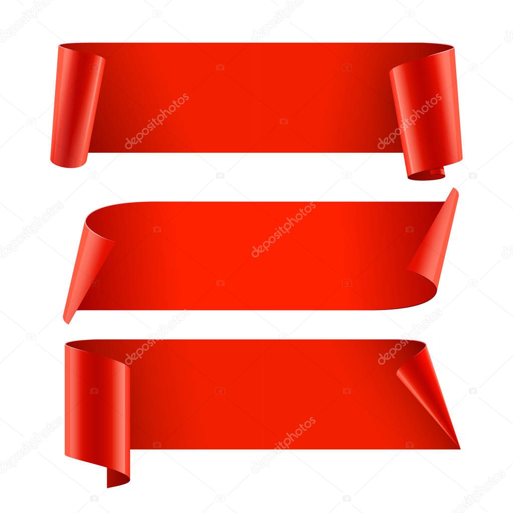 Ribbons set. Realistic Red Glossy paper ribbon. Vector illustration