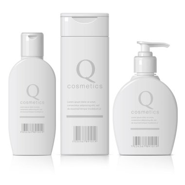 Beyaz bir arka plan üzerinde kozmetik ürünleri kümesi. Kozmetik paket toplama krem, çorbalar, köpükler, şampuan, tutkal için. Nesne, gölge ve yansıma ayrı katmanlardaki. vektör çizim.