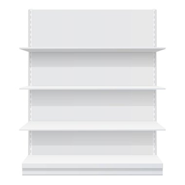 Reklam Pos POI ekran raf raflar için süpermarket kat vitrin beyaz arka plan üzerinde. Önden görünüm. İnce beyaz raflar. Şablonu alay. Vektör çizim.