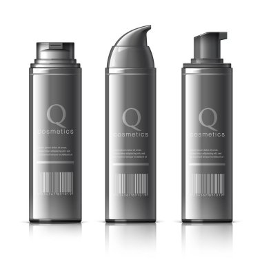 Siyah kozmetik ürünler ve beyaz bir arka plan üzerinde ayarlayın. Kozmetik paket toplama krem, Çorbalar, köpükler, şampuan, tutkal için. Nesne, gölge ve yansıma ayrı katmanlardaki. vektör çizim.