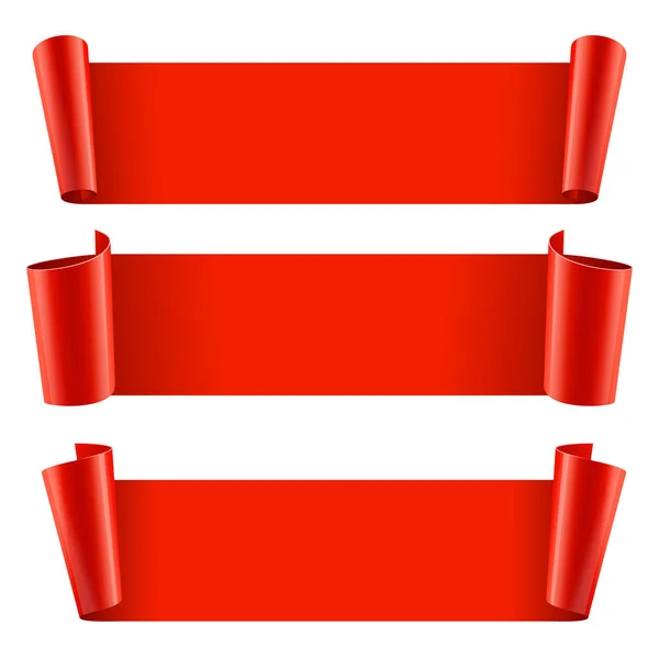 Ribbons Set Realistic Red Glossy Paper Ribbon Vector Illustration — Stock Vector
