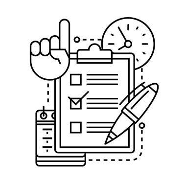 kalem, saat, takvim ve yükseltilmiş bir parmak ile el ile denetim listesi simgesi.