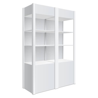 Vitrin ekran. Perakende raf Raf. Beyaz arka plan üzerinde izole. Mockup tasarım şablonu. Vektör çizim.