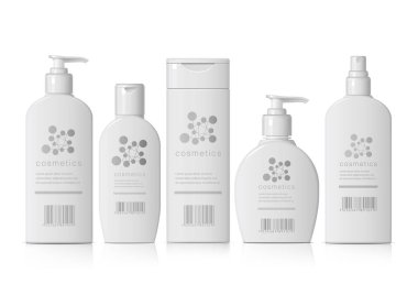 Beyaz bir arka plan üzerinde kozmetik ürünleri kümesi. Kozmetik paket toplama krem, çorbalar, köpükler, şampuan, tutkal için. Nesne, gölge ve yansıma ayrı katmanlardaki. vektör çizim.