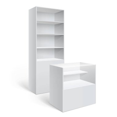 Vitrin ekran. Perakende raf Raf. Beyaz arka plan üzerinde izole. Mockup tasarım şablonu. Vektör çizim.