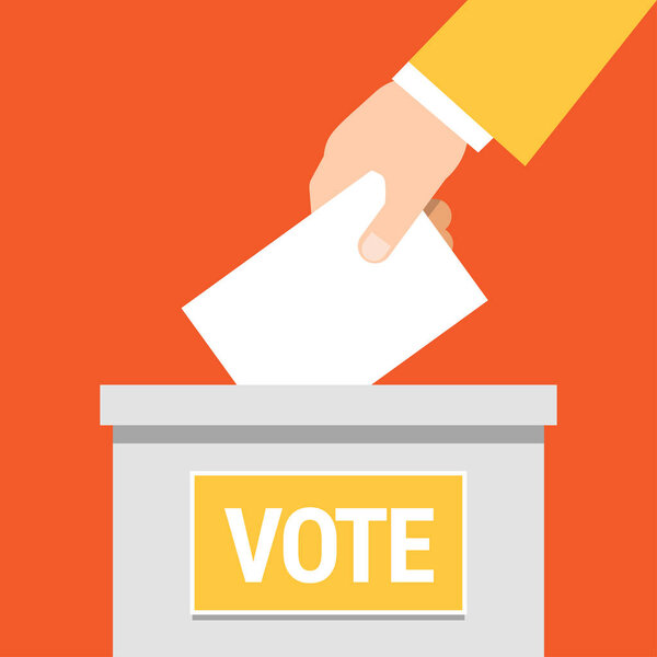 Голосуйте. Рука кладет бумагу в урну для голосования. Векторная иллюстрация. Плоский стиль
.
