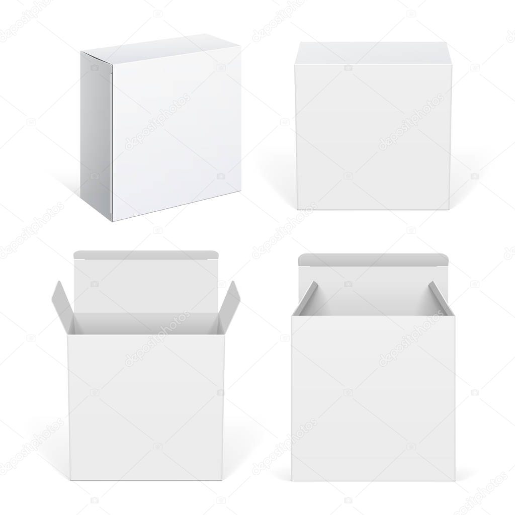 Realistic White Package Cardboard Box set. For Software, electronic device and other products. Vector illustration