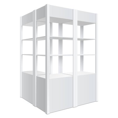 Vitrin ekran. Perakende raf Raf. Beyaz arka plan üzerinde izole. Mockup tasarım şablonu. Vektör çizim.