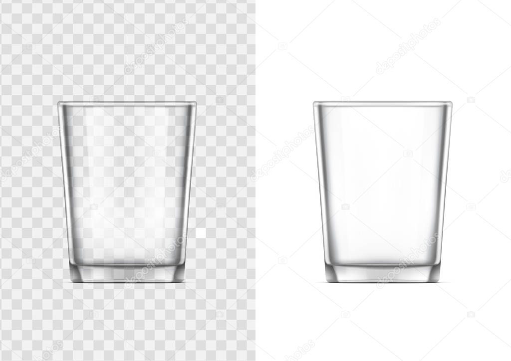 Realistic glass cup. Transparent glassware on white and transparent background. Vector illustration