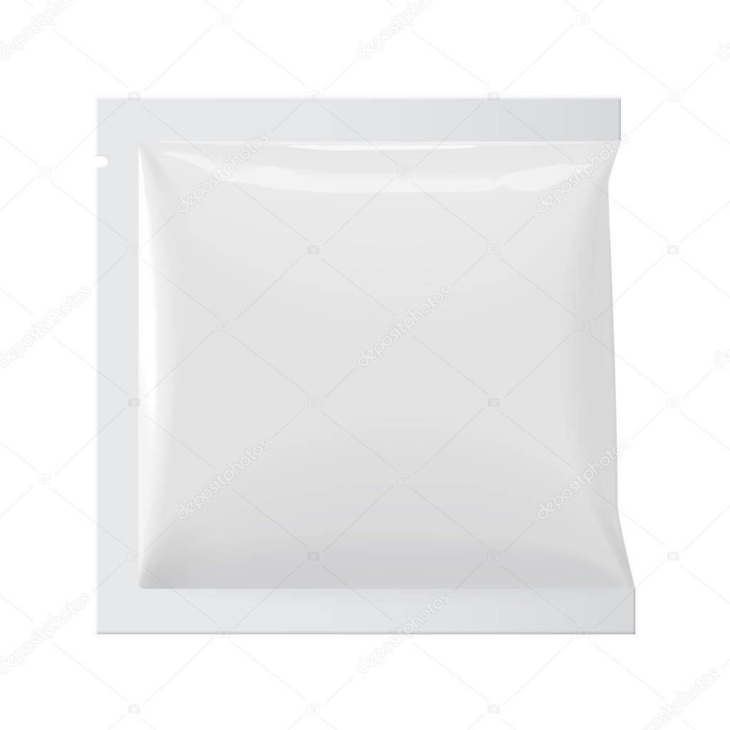 Realistic White Blank template Packaging Foil wet wipes Pouch Medicine. Food Packing Coffee, Salt, Sugar, Pepper, Spices, Sweets. Template For Mock up Your Design. Vector illustration
