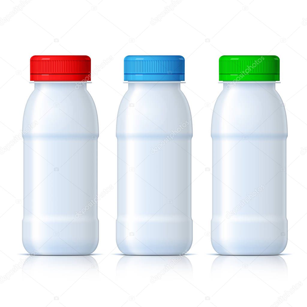 Realistic White plastic bottles with red, green and blue lid. Product Packing medicine. Various fluids Vector Illustration