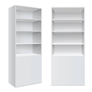 Reklam Pos POI ekran raf raflar için süpermarket kat vitrin beyaz arka plan üzerinde. Önden görünüm. İnce beyaz raflar. Şablonu alay. Vektör çizim.