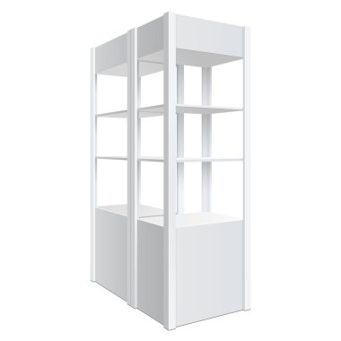 Reklam Pos POI ekran raf raflar için süpermarket kat vitrin beyaz arka plan üzerinde. Önden görünüm. İnce beyaz raflar. Şablonu alay. Vektör çizim.