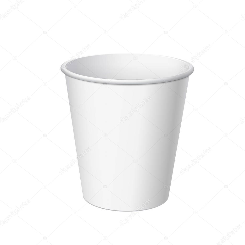 Realistic White Disposable small Paper Cup. For various drinks, lemonade, fresh juice, coffee, tea or ice cream. Mock up for brand template. vector illustration.
