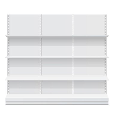 Reklam Pos POI ekran raf raflar için süpermarket kat vitrin beyaz arka plan üzerinde. Önden görünüm. İnce beyaz raflar. Şablonu alay. Vektör çizim.
