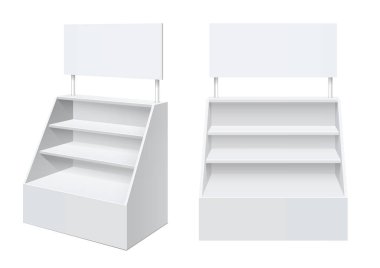 Reklam Pos POI ekran raf raflar için süpermarket kat vitrin beyaz arka plan üzerinde. Önden görünüm. İnce beyaz raflar. Şablonu alay. Vektör çizim.