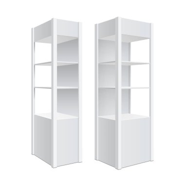 Reklam Pos POI ekran raf raflar için süpermarket kat vitrin beyaz arka plan üzerinde. Önden görünüm. İnce beyaz raflar. Şablonu alay. Vektör çizim.