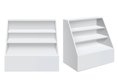 Reklam Pos POI ekran raf raflar için süpermarket kat vitrin beyaz arka plan üzerinde. Önden görünüm. İnce beyaz raflar. Şablonu alay. Vektör çizim.