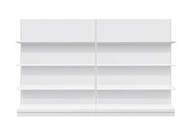 Pos ディスプレイ ラック棚のスーパー階ショーケース白い背景の上 正面から見た図 細長い白い棚 テンプレートをモックアップします ベクトル図 — ストックベクタ