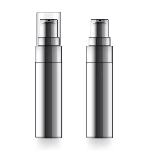 逼真的黑色化妆瓶可以喷雾器容器 用于奶油 泡沫和其他化妆品与盖子和没有的分配器 用于模拟设计的模板 向量例证 — 图库矢量图片