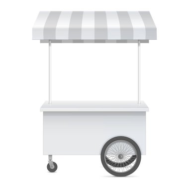 Çizgili tenteli, perakende ticaret Stand izole beyaz arka plan üzerinde tekerlekler ve bir üçgen çatı üzerinde promosyon sayacı kaplı. Mockup tasarım şablonu. Vektör çizim.