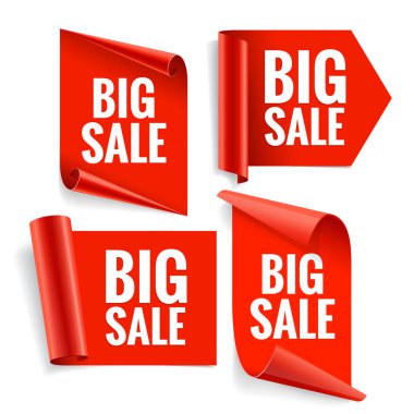 Satış afiş kümesi. Gerçekçi kırmızı parlak kağıt şerit. Vektör çizim