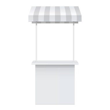 Promosyon sayacı. Reklam Pos POI ekran raf raflar için süpermarket kat vitrin beyaz arka plan üzerinde. Önden görünüm. İnce beyaz raflar. Şablonu alay. Vektör çizim.
