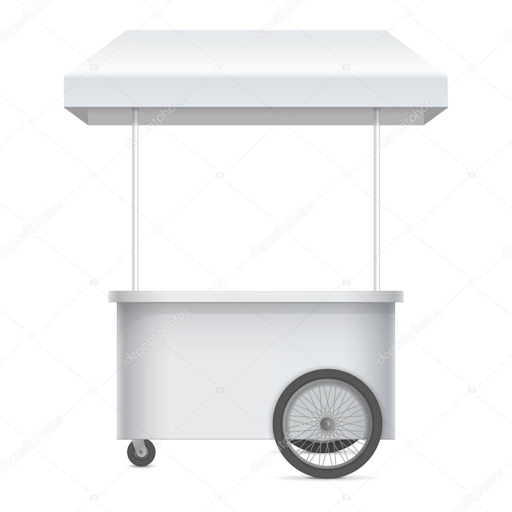 Promotion counter on wheels and a triangular roof, Retail Trade Stand Isolated on the white background. MockUp Template For Your Design. Vector illustration.