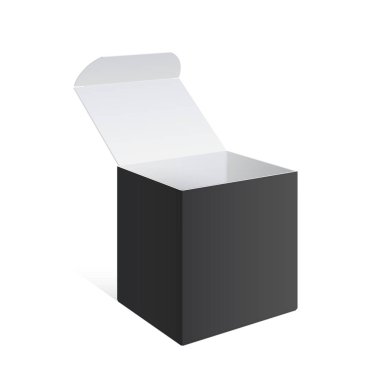 Gerçekçi siyah paketi aç kutusu. Yazılım, elektronik cihaz ve diğer ürünleri için. Vektör çizim.