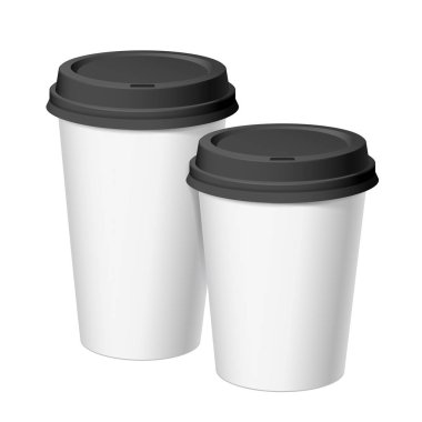 Kağıt siyah kapaklı Beyaz gerçekçi tek kullanımlık bardak kümesi. Çeşitli sıcak içecekler, kahve, cappuccino, çay. Standart boyut ve büyük. Şablon marka. Vektör çizim.