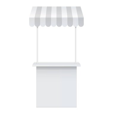 Promosyon sayacı. Reklam Pos POI ekran raf raflar için süpermarket kat vitrin beyaz arka plan üzerinde. Önden görünüm. İnce beyaz raflar. Şablonu alay. Vektör çizim.