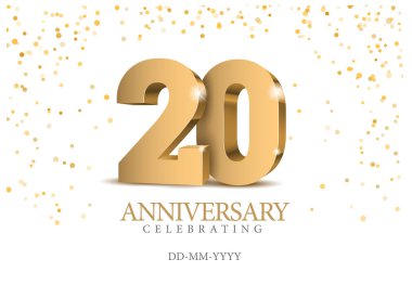 20. yıl dönümü. Altın 3D numaralar. 20. yıl dönümü partisi için poster şablonu. Vektör illüstrasyonu
