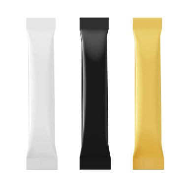 Gerçekçi boş şablon ambalaj sopa kümesi. Siyah ve altın rengi beyaz. Gıda ambalaj kahve, tuz, şeker, biber, baharatlar. Düzen tasarım şablonu. Vektör çizim.