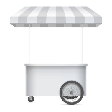 Çizgili tenteli, perakende ticaret Stand izole beyaz arka plan üzerinde tekerlekler ve bir üçgen çatı üzerinde promosyon sayacı kaplı. Mockup tasarım şablonu. Vektör çizim.