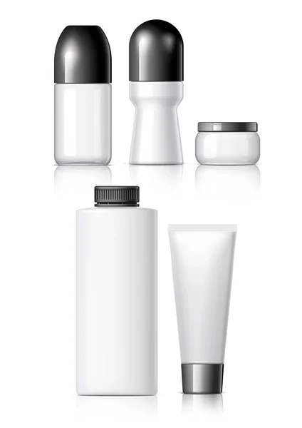 白の背景に黒ふたと現実的な化粧品ボトルのセットします クリーム シャンプー 接着剤のパッケージのコレクションです ブランド テンプレート セットをモックアップします ベクトル図 — ストックベクタ