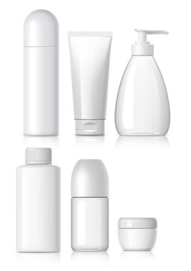 Siyah kapaklı gerçekçi Kozmetik şişe beyaz bir arka plan üzerinde ayarlayın. Kremi, şampuan, tutkal için paket koleksiyonu. Marka şablonu için set up sahte. vektör çizim.