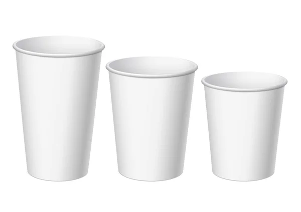 逼真的白色一次性小 大和中间纸杯 适用于各种饮料 柠檬水 新鲜果汁 茶或冰淇淋 模拟品牌模板 向量例证 — 图库矢量图片