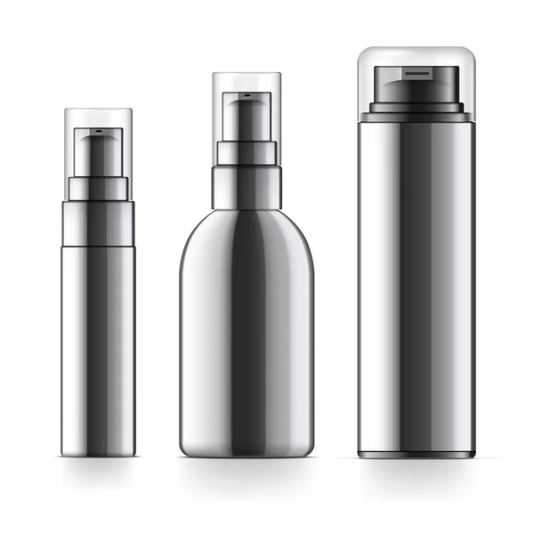 Bottiglia Cosmetica Nera Realistica Può Spruzzatore Contenitore Dispenser Crema Minestre — Vettoriale Stock