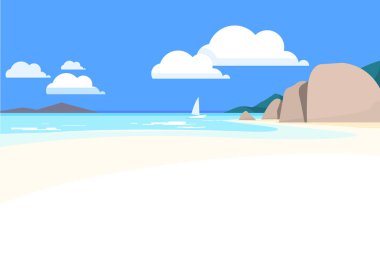 Güneşli deniz manzarası. Güzel bir kumsal Panoraması. Vektör çizim.