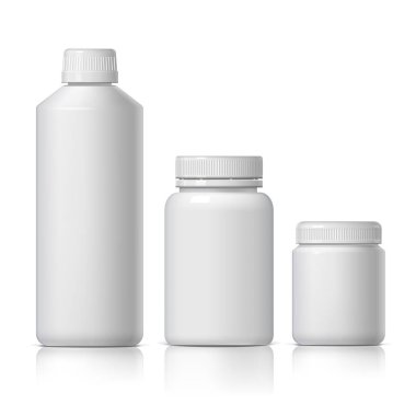 Serin gerçekçi beyaz plastik şişe. Ürün ambalaj kozmetik tıp. Çeşitli sıvıları vektör çizim