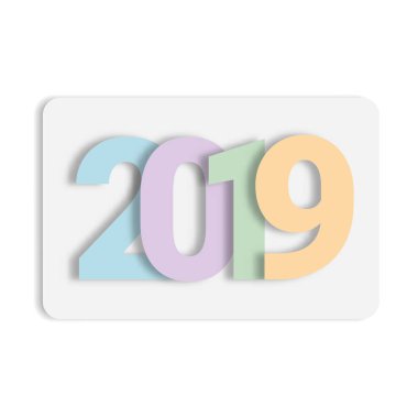Vektör metin tasarım 2019. çok renkli numaraları kağıttan kesilmiş. Mutlu yeni yıl şablon tebrik kartı.