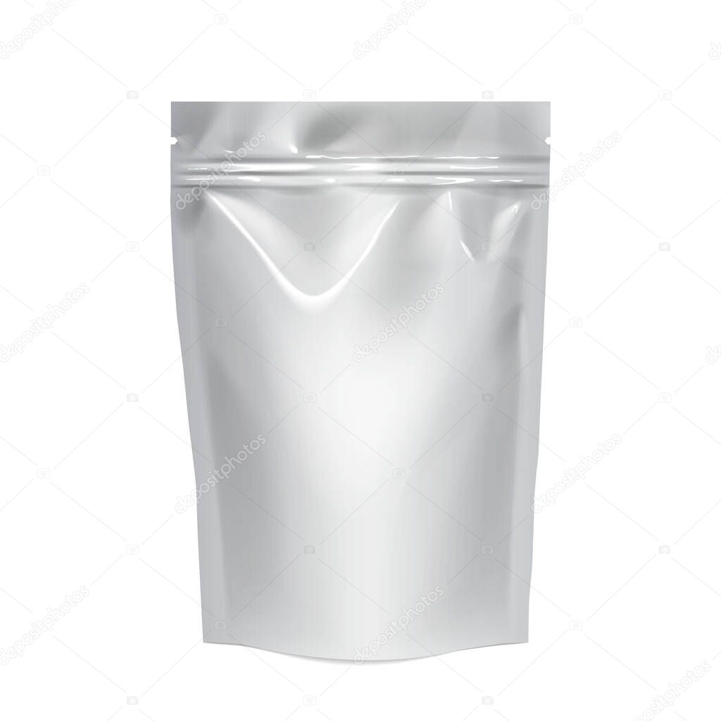 Flexible gray bag of Foil. Food pillow Coffee, Tea or different product Realistic package. Polyethylene packing of goods. Mock up for brand template. vector illustration.
