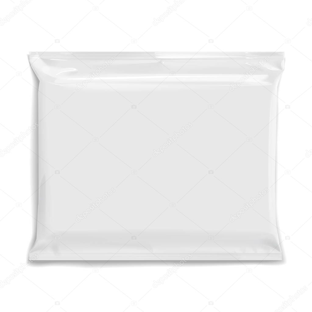 Flexible bag of Foil in Gray color. Food snack pillow Realistic package. Polyethylene packing of goods. Mock up for brand template. vector illustration.